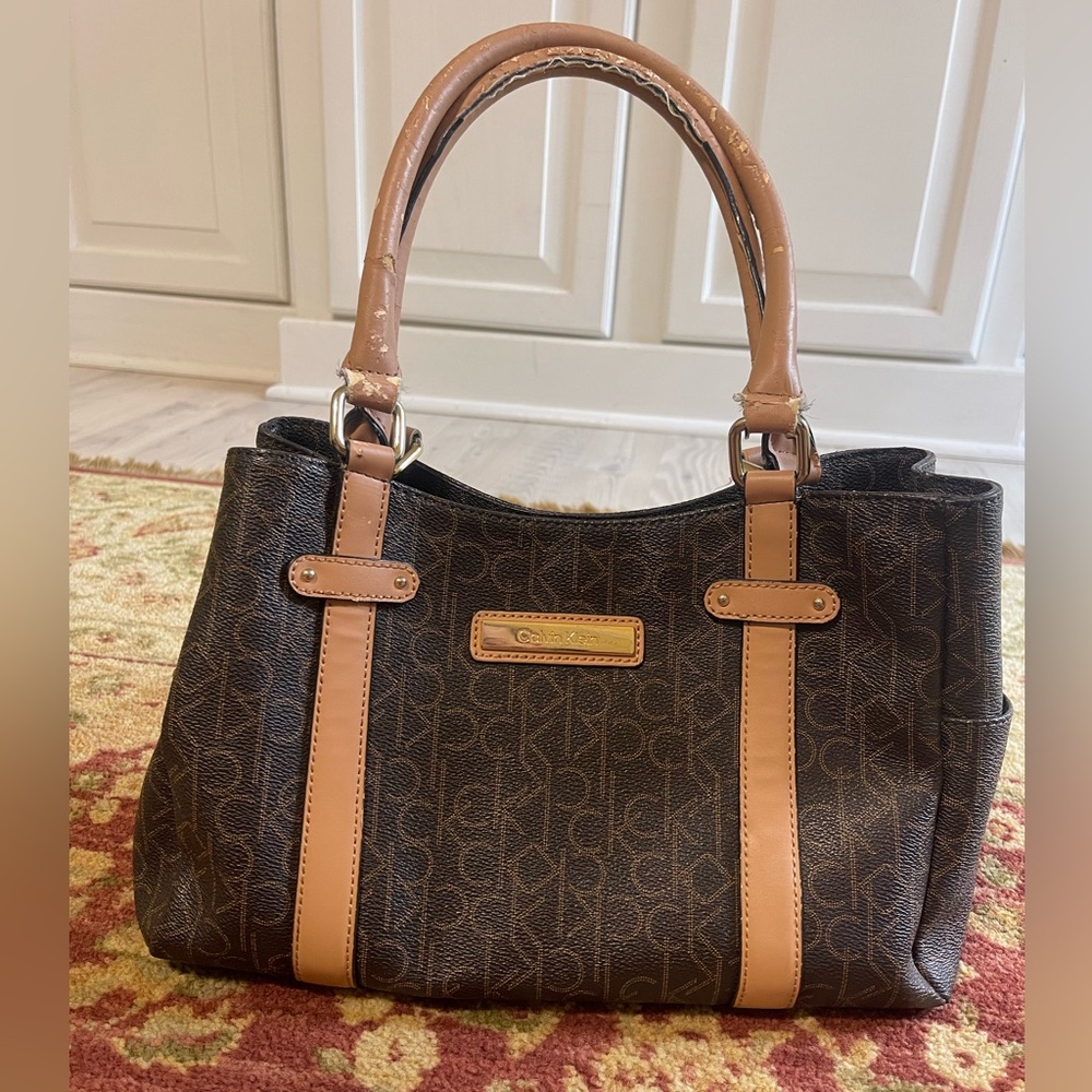 Calvin Klein Hudson CK Monogram Satchel – Brown & Tan